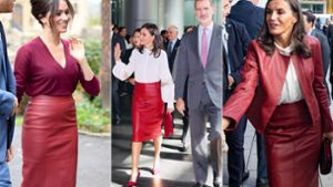 Der Rock, dem die Royals vertrauen: Herzogin Meghan (links) und Königin Letizia im gleichen Hugo-Boss-Teil. Foto: Imago/i-Images/PPE/AFP
