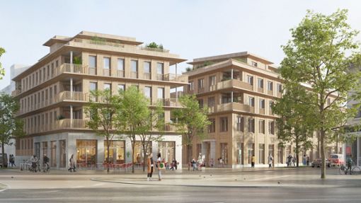 In Stuttgart Feuerbach entsteht bis 2025 ein ökologisch vorbildliches Wohnquartier, hier ein Holzhybridbau, entworfen von Fink + Jocher Architekten. Foto: Visualisierung/Neues Heim