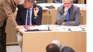 So geht das nicht! Fraktionschef Jörg Meuthen  im intensiven Gespräch mit Wolfgang Gedeon (links)  während einer Landtagssitzung. Meuthen will Gedeon aus der Fraktion ausschließen. Foto: dpa