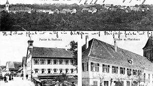 Birkach vor dem Ersten Weltkrieg: Oben und rechts ein Blick auf die evangelische Franziskakirche mit dem Pfarrhaus, links unten das ehemalige Rathaus an der Alten Dorfstraße. Foto: privat