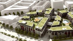 Links vom Einkaufszentrum Milaneo (grüne Dächer) soll ein Hotel entstehen Foto: Visualisierung Aldinger & Wolf