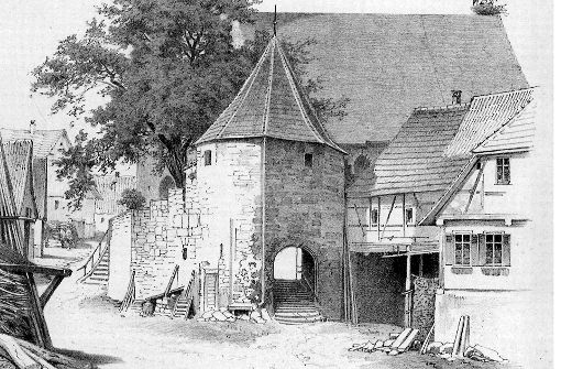 Eine Lithografie des Marktplatzes von Beutelsbach aus der Zeit um 1900, angefertigt  von C. Votteker. Foto: Stadt Weinstadt