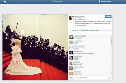 Sängerin Taylor Swift verabschiedet sich mit diesem Posting auf Instagram von Modeschöpfer Oscar de la Renta. Foto: Instagram/Screenshot SIR