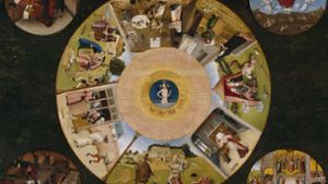 So stellte sich der Maler Hieronymus Bosch (1450–1516) die sieben Todsünden (großer Kreis) und die vier letzten Dingen (kleine Eckbilder) vor. „Luxeria“ – die Wollust – ist im großen Kreis ganz rechts dargestellt. Foto: Wikipedia commons/www.museodelprado.es