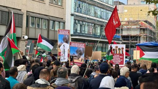 Gaza-Protest in der Landeshauptstadt: Demonstrationsteilnehmer schwenken Fahnen in Stuttgart. Foto: jse