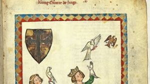 Konradin lässt bei der Beizjagd mit seinem Freund Friedrich, Markgraf von Baden, einen Falken steigen. Foto: Staufergesellschaft