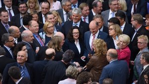 Bundesarbeits- und Sozialministerin Andrea Nahles (SPD, Mitte) und weitere Abgeordnete des Bundestages haben namentlich über das Gesetz zur Tarifeinheit abgestimmt.  Foto: dpa