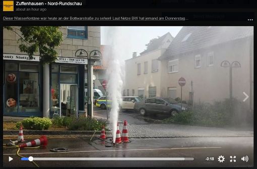 Diese Wasserfontäne war in Zuffenhausen zu sehen. Foto: Screenshot facebook.com/0711zuffenhausen