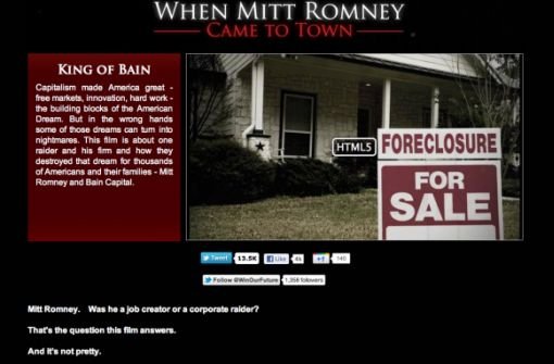 In einem polemischen Streifen wird Romney als Plünderer präsentiert, der den Traum von tausenden Amerikanern und deren Familien zerstört hat. Foto: Spang