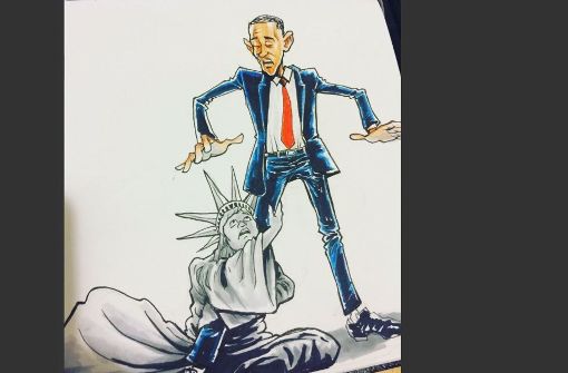 Amerika mag gar nicht lassen von Barack Obama, will dieser auf Twitter verbreitete Cartoon sagen. Foto: Twitter/@NeYoCompound