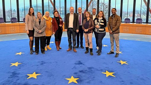 Sindelfinger Delegation im Europäischen Gerichtshof für Menschenrechte, im Hintergrund das EU-Parlament. Foto: jps