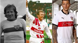 Von 1974 bis 2017: Die Trikots des VfB Stuttgart haben sich ganz schön verändert. Foto: Pressefoto Baumann/Screenshot VfB Stuttgart