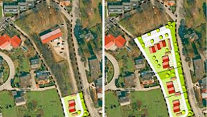 In drei Abschnitten soll das Grundstück am Dachsweg in Ebersbach bebaut werden (rechts). Das erste Doppelhaus (links) soll im Frühjahr 2019 fertig werden. Das Kleintierzüchterheim am oberen Bildrand genießt Bestandsschutz. Foto: Stadt Ebersbach