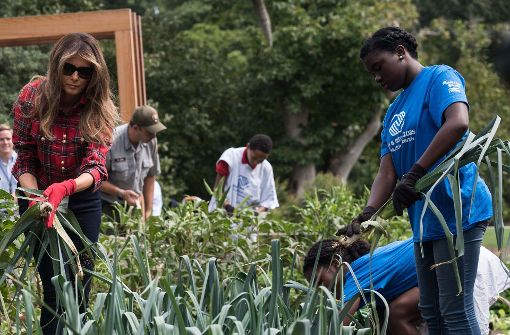 Melania Trump gärtnerte am Freitag fleißig mit Jugendlichen im Garten des Weißen Hauses. Foto: AFP