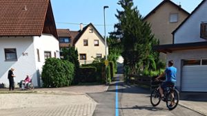 Der blaue Streifen in der Augustenstraße markiert den ehemaligen Grenzverlauf. Foto: Arbeitsgemeinschaft Sielminger Vereine