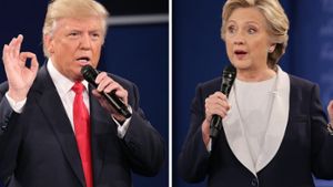 Eine Kombo zeigt die US-Präsidentschaftskandidaten Donald Trump (Republikaner) und Hillary Clinton (Demokraten) während ihrer TV-Debatte Foto: dpa