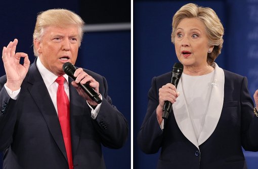 Eine Kombo zeigt die US-Präsidentschaftskandidaten Donald Trump (Republikaner) und Hillary Clinton (Demokraten) während ihrer TV-Debatte Foto: dpa