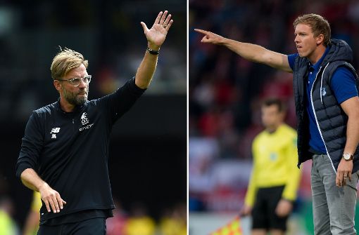 Links Liverpools Trainer Jürgen Klopp, rechts Hoffenheims Coach Julian Nagelsmann. Foto: dpa