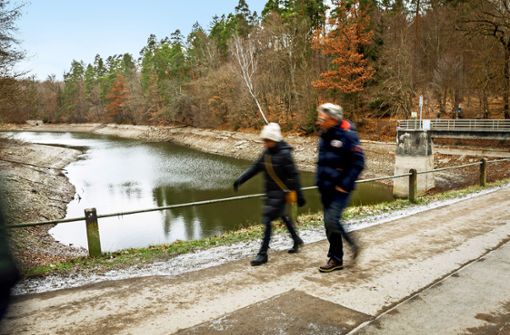 Zwei Besucher spazieren  am Bärensee in Stuttgart entlang. Foto: Lichtgut/Julian Rettig