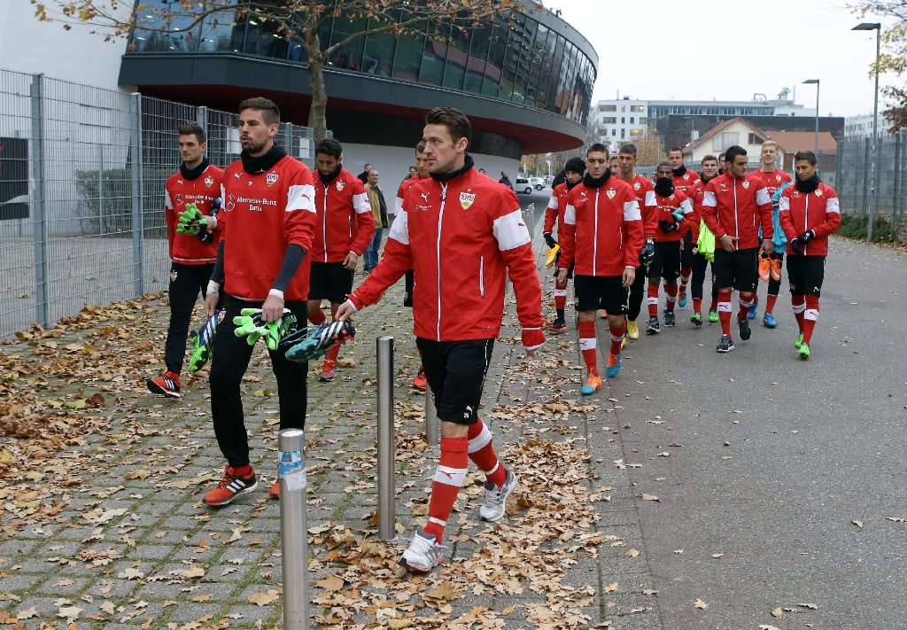 Die Profis des VfB Stuttgart auf dem Weg zu ihrem ersten Training unter dem neuen Coach Huub Stevens.