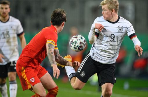 Jonathan Burkardt traf in der 26. Minute für die U21 des DFB. Foto: dpa/Swen Pförtner