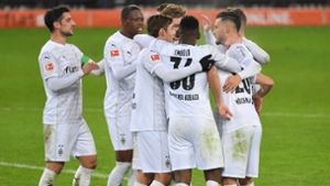 Die Profis von Borussia Mönchengladbach bejubeln ein Tor – unter ihnen ist ein Fan des KSC Foto: imago/Maik Hölter