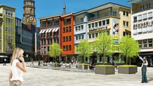 So will man am Marktplatz starten:  mit Baumkübeln zwischen den Sitzbänken und neben dem Fontänenfeld Foto:  