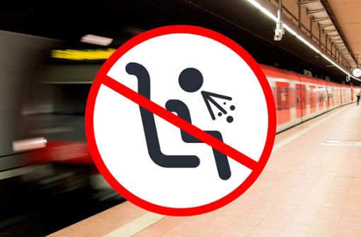 Mit diesem Piktogramm bittet die S-Bahn Stuttgart Fahrgäste, sich nicht in Zügen zu übergeben. Foto: dpa/Daniel Maurer, S-Bahn Stuttgart/Bildmontage seb