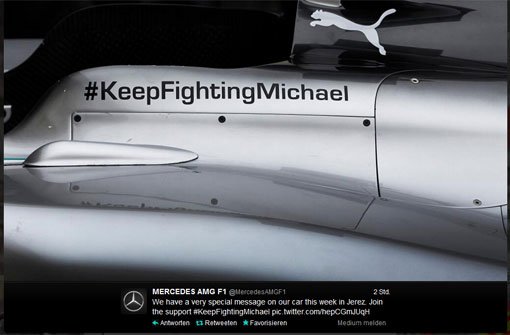 Keep fighting Michael steht auf den Mercedes-Silberpfeilen. Foto: twitter.com/MercedesAMGF1