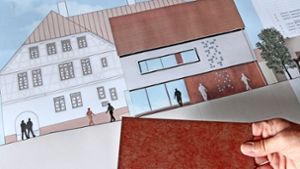 Plan und Muster: Das Erweiterungsgebäude für das Museum soll an einem Teil des Erdgeschosses eine Fassade aus rostendem Stahlblech erhalten. Foto: factum/Bach