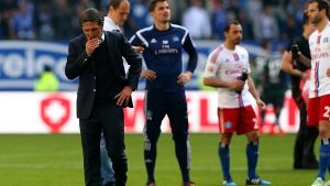 Ein enttäuschter Bruno Labbadia steht nach dem 2:0 gegen Schalke auf dem Spielfeld. Trotz des Sieges muss der Hamburger SV in die Relegation. Foto: Bongarts