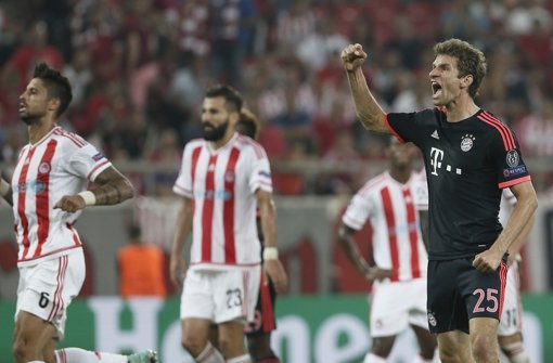 Thomas Müller und der FC Bayern bejubeln am Mittwochabend ein 3:0 in Piräus. Foto: AP
