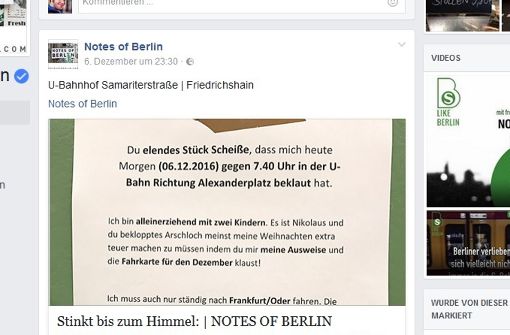 Der wütende Brief einer alleinerziehenden Mutter an einen Taschendieb hat eine Welle der Hilfsbereitschaft ausgelöst. Foto: Screenshot Facebook / Notes Of Berlin