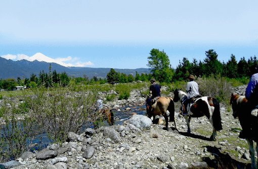 Durch die Schweiz Chiles: Auf dem Rücken von Pferden lässt sich die traumhaft schöne Landschaft bei Pucón intensiv erleben. Von fern grüßt der schneebedeckte Gipfel des Vulkans Villarrica. Foto: Eichmüller