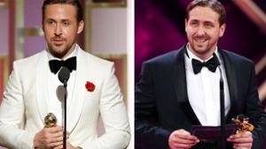 Der echte und der falsche Gosling: Links der US-Schauspieler Ryan Gosling im Januar in Los Angeles. Rechts  Ludwig Lehner, das deutsche Ryan-Gosling-Double, bei der Verleihung der Goldenen Kamera. Foto: Paul Drinkwater/NBC/dpa