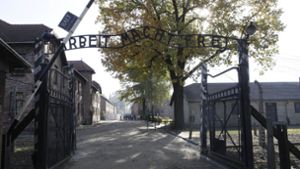 Vier Frauen und sieben Männer haben sich in Auschwitz vor dem Tor „Arbeit macht frei“ ausgezogen und ein Schaf geschlachtet. Bei der Gruppe soll es sich um Friedensaktivisten handeln. Foto: AP