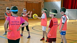 Mit verbundenen Augen Fußball spielen: Das lernen die Viertklässler der  Jahnschule im Sportunterricht. Foto: Fatma Tetik