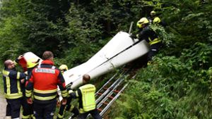 Feuerwehrleute bergen das Wrack des abgestürzten Ultraleichtflugzeugs aus dem Dickicht eines Waldes. Foto: dpa/Zema-Medien