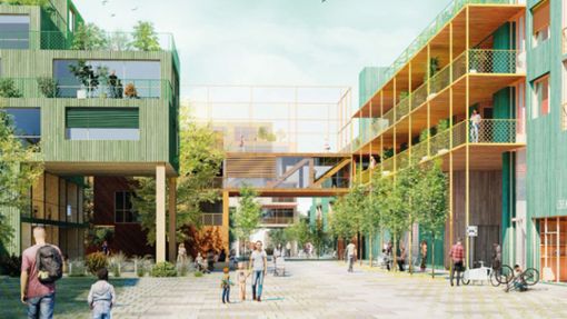 Viel Grün, viel Holz, viele Fahrräder – so sieht die Idee von Quartiersidylle der Baugenossenschaft Münster am Neckar aus. Foto: joyjoy studio, Architektur: PPAG architects