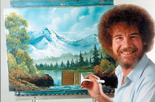 TV-Kunstlehrer Bob Ross posiert im Rahmen der Sendung The Joy of Painting vor einem Gemälde. Der TV-Kunstlehrer starb am 4. Juli 1995. Foto: Bob Ross Inc./dpa