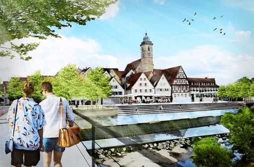 Breite Sitzstufen würden  am Stadteingang den Zugang zum Neckar ermöglichen. So soll der Fluss durch die Landesgartenschau erlebbarer werden. Foto: Planstatt Senner