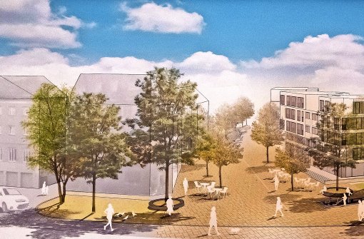 So könnte der neu gestaltete Schwanenplatz im Jahr 2019 einmal aussehen. Rechts sind die Wohngebäude zu sehen, mit deren Bau jetzt begonnen wird. Foto: Lichtgut/Achim Zweygarth