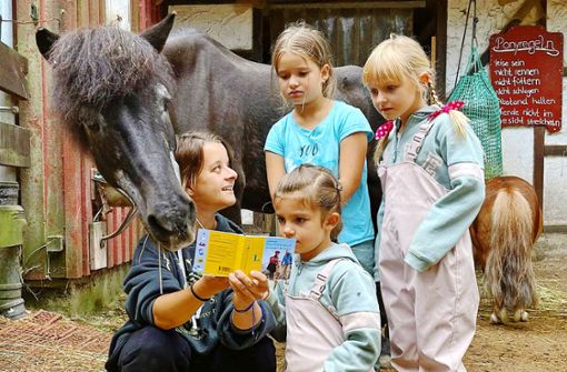 Auf dem Abenteuerspielplatz Neu-Stein-Hofen erklärt  die Auszubildende Haley Deimling   den ukrainischen Kindern Anna, Letizia und Milana den Umgang mit den Ponys.  Dazu benutzt sie ein Ohne-Wörter-Buch. Foto: STJG