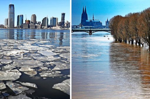 Die Kälte hat New York (links) fest im Griff, derweil  führt der Rhein – hier bei Köln – Hochwasser. Foto:  