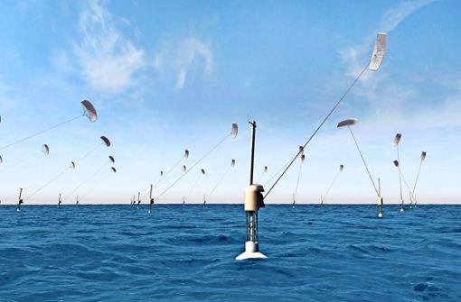 So  könnte der kommerzielle Einsatz der Energiedrachen im Meer aussehen. Als Bodenstation dient eine schwimmende Plattform, die mit Seilen verankert wird. Foto: Skysails