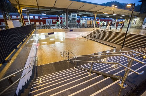 Im Zuge des Unwetters ist in Schwäbisch Gmünd eine Unterfühung am Bahnhof überschwemmt worden. Foto: 7aktuell.de/Adomat