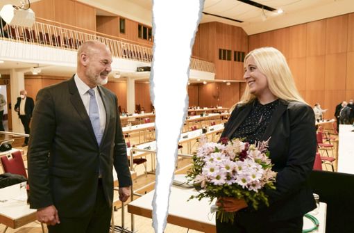 Die schönen Zeiten sind längst vorbei: Gab es zur Wahl zur Ersten Bürgermeisterin noch Blumen für Josefa Schmidt, ist das Tischtuch zu OB Cohn längst zerschnitten. Foto: Simon Granville/Repro: StZN