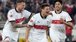 Daniel Ginczek, Mario Gomez, Berkay Özcan (v. li.): Jubelt der VfB auch in Mainz? Foto: dpa