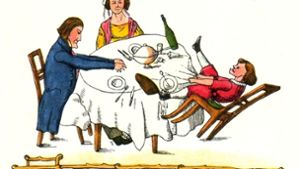 In der „Struwwelpeter“-Geschichte vom Zappelphilipp geht es um einen hyperaktiven Jungen, der am Tisch nicht still sitzen kann, mit dem Stuhl schaukelt und mitsamt Tischdecke nebst Mahlzeit auf den Boden plumpst. „Und die Mutter blicket stumm auf dem ganzen Tisch herum“. Foto: Wikipedia commons/Der Zappelphilipp – Zeichnung von Heinrich Hoffmann 1844