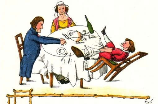 In der „Struwwelpeter“-Geschichte vom Zappelphilipp geht es um einen hyperaktiven Jungen, der am Tisch nicht still sitzen kann, mit dem Stuhl schaukelt und mitsamt Tischdecke nebst Mahlzeit auf den Boden plumpst. „Und die Mutter blicket stumm auf dem ganzen Tisch herum“. Foto: Wikipedia commons/Der Zappelphilipp – Zeichnung von Heinrich Hoffmann 1844